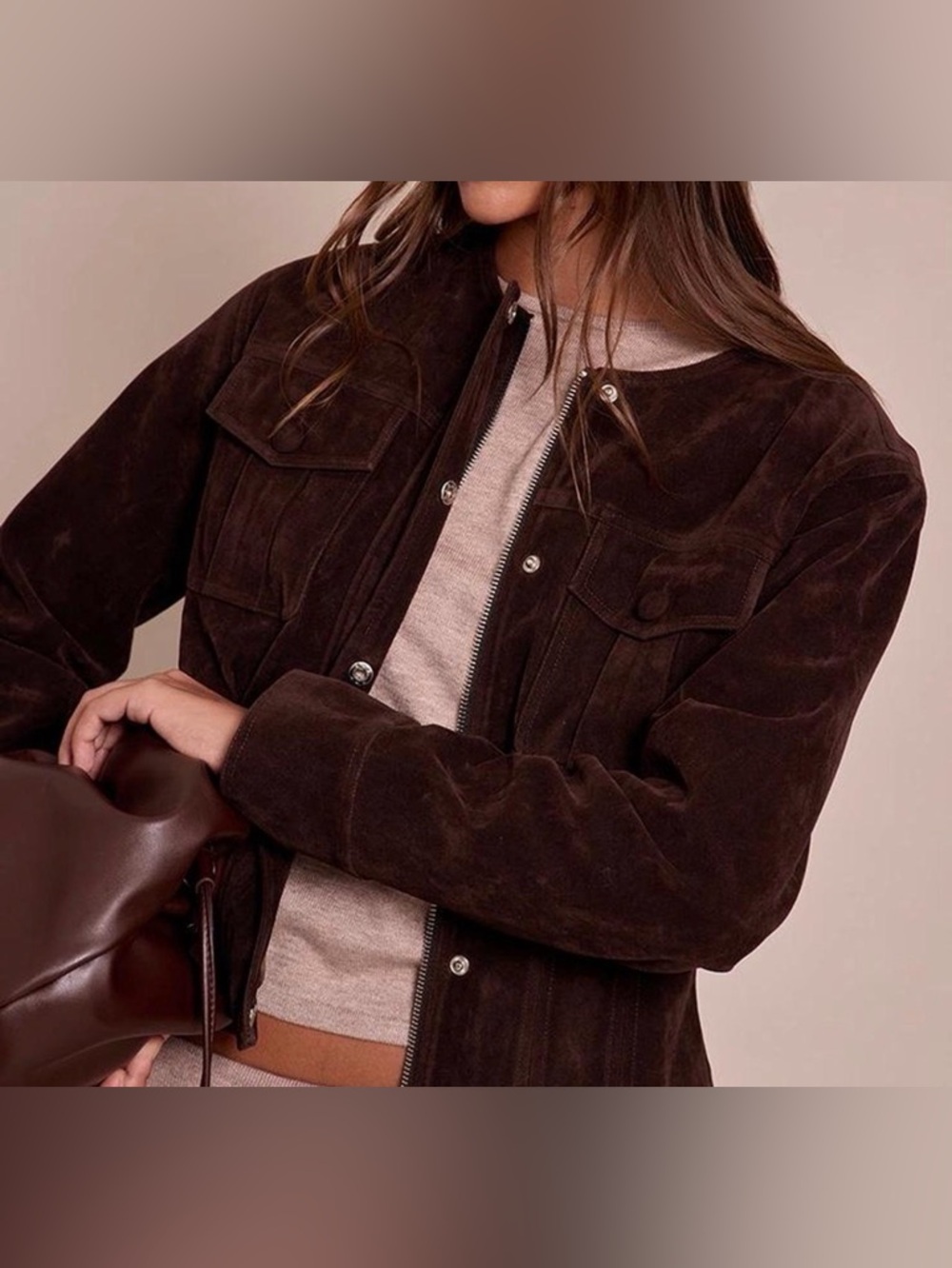 PrettyLittleThing Chocolate Faux Suede Covered Button Cinch Waist Jacket